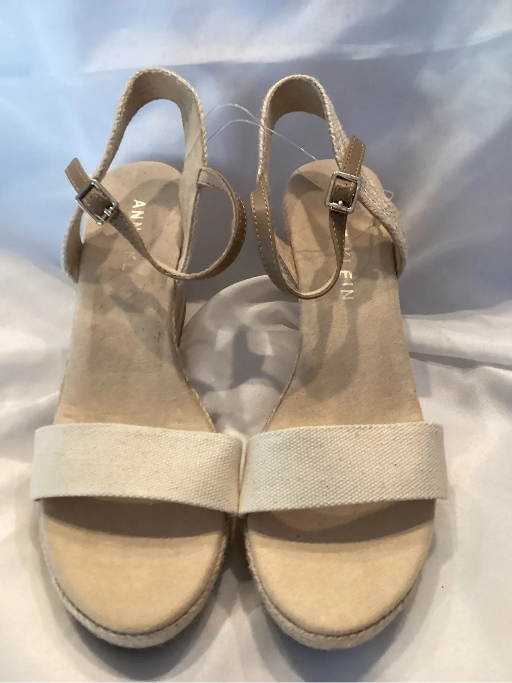 Anne Klein Cream and Tan Canvas Espadrille Wedge Sandals